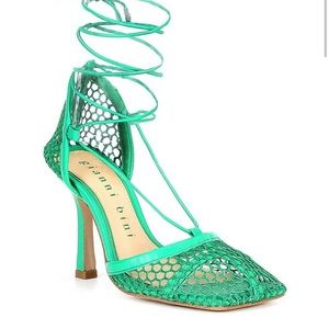 Mesh And Leather Ankle Wrap Square Toe Pumps